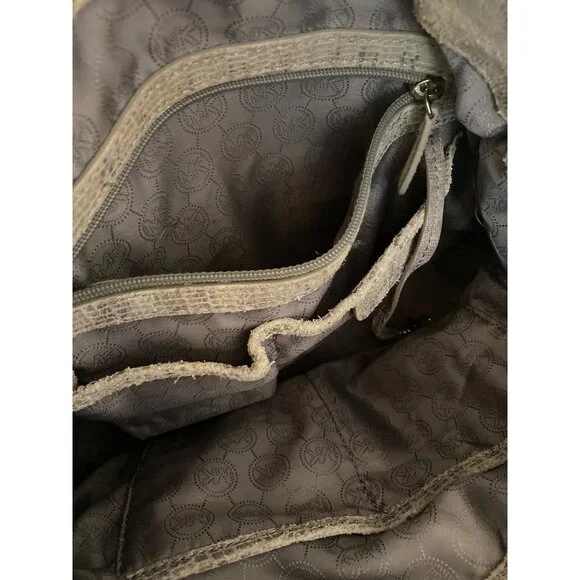 Michael Kors Distressed Gray Leather Satchel Bag W/ Chain Strap & Lock Accent - Picture 8 of 8